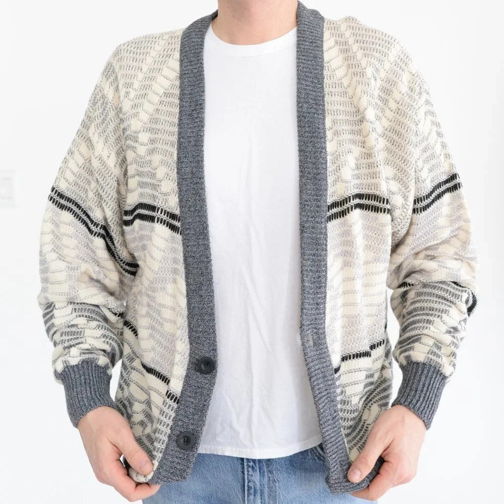 Vintage '90s Sears Wool Blend Cream and Grey Eclectic Grandpa Cardigan Sweater M